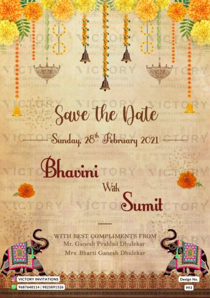 Wedding ceremony invitation card of hindu gujarati marwari family in English language with floral theme design 993