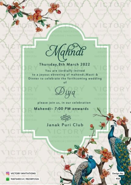An Elegant Wedding Invitation in Shades of Vanilla Ice and Tealish Green, with Exquisite Peacock, Floral, and Arch Design