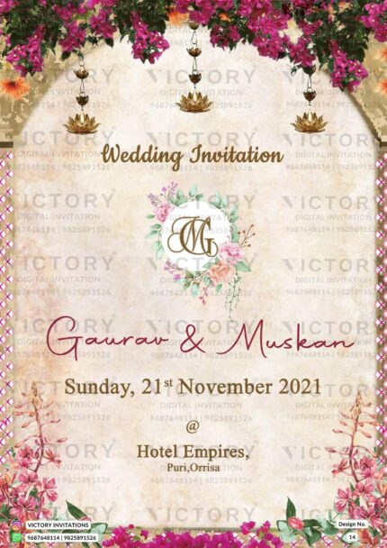Wedding ceremony invitation card of hindu Odiya family in English language with traditional flower theme design 14
