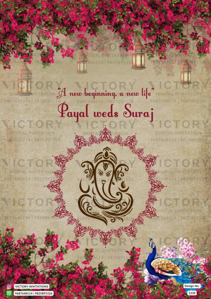 "Exquisite Digital Invitation Card with a Peacock Design and Ganesh Logo for a Captivating Wedding Celebration"