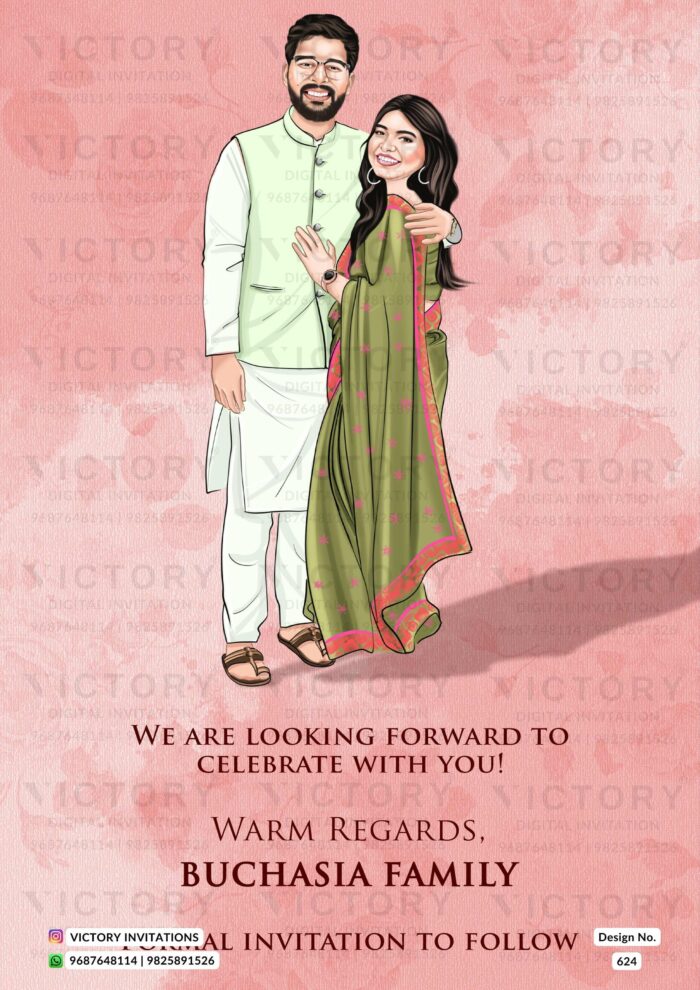 Elegant Pastel Pink Traditional Indian Sangeet Invitations with Couple Caricature Illustration,