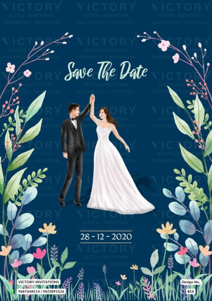A Digital Wedding Invitation in Deep Prussian, Mint Cream, and Serene Catskill with an Adorable Couple Doodle and Luxuriant Foliage designs