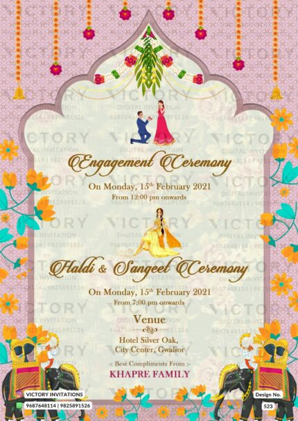 Pastel Lilac and Plush Pink Floral Vintage Theme Traditional Digital Wedding Invites with Festive Indian Bride and Groom Illustrations, design no. 523