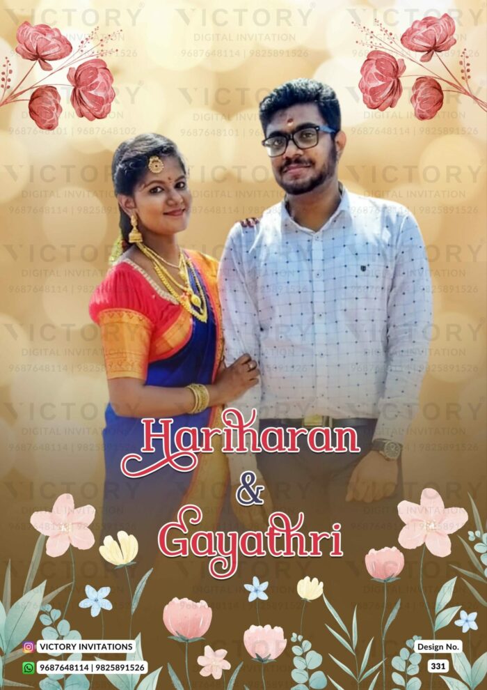 Wedding ceremony invitation card of hindu south indian tamil family in English language with couple photo floral theme design 331
