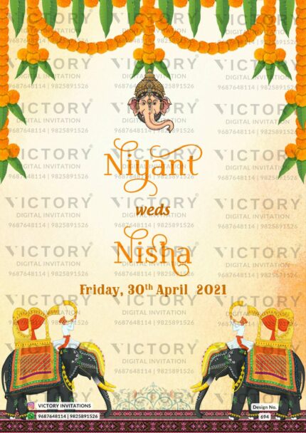 Traditional Vibrant Shaded Floral Vintage Theme Luxurious Wedding Invites with Festive Indian Backdrops and Indian Bride and Groom Doodle Illustrations, design no. 694