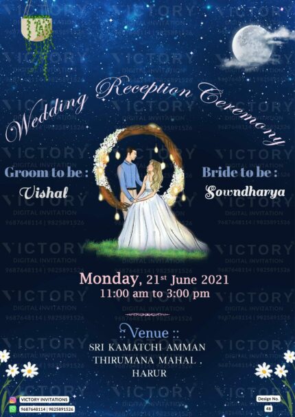 Wedding ceremony invitation card of hindu south indian tamil family in English language with shining theme design 48