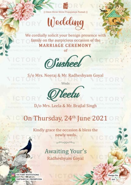 A wedding Invitation Card with majestic Depictions of Peacocks, Delicate Clusters of Blooms, and a Sacred Lord Ganesha Logo on a spectacular Lilac and Green Backdrop, Design no.365