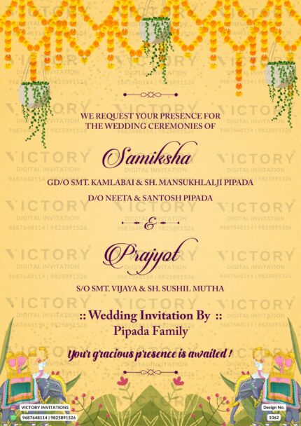 Traditional Butterscotch-Yellow and Dark Shaded Vintage Theme Indian Online Wedding Cards with Classic Festive Indian Couple Doodle Illustrations, Design no. 1062
