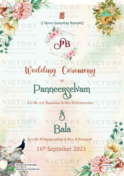 Wedding ceremony invitation card of hindu south indian tamil family in English language with floral theme design 377