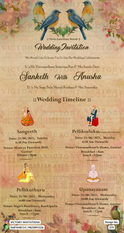 Wedding ceremony invitation card of hindu south indian telugu family in English language with vintage theme design 379