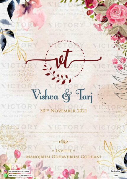 Lavish Pastel Pink and Purple Vintage Floral Theme Indian Online Wedding Invites with Classic Indian Festive Bride and Groom Doodle Illustrations, Design no. 1006