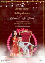 "Vibrant Caricature in An Beautiful Indian Wedding Invitation with Rajasthani Flair in Wine-Red and Gold"