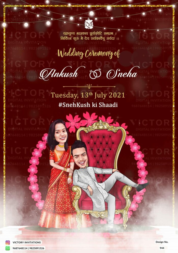 "Vibrant Caricature in An Beautiful Indian Wedding Invitation with Rajasthani Flair in Wine-Red and Gold"