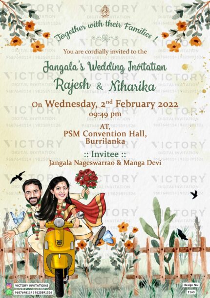 Bollywood Style couple caricature invitation card for the wedding ceremony of Hindu south indian telugu family in english language with garden theme design 1160