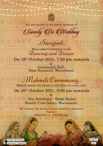 Wedding ceremony invitation card of hindu north indian family in english language with traditional theme design 1421