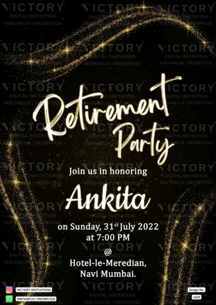 "Glittering Gold and Sleek Black Backdrop Invitation card For A Retirement Party " Design no. 1429