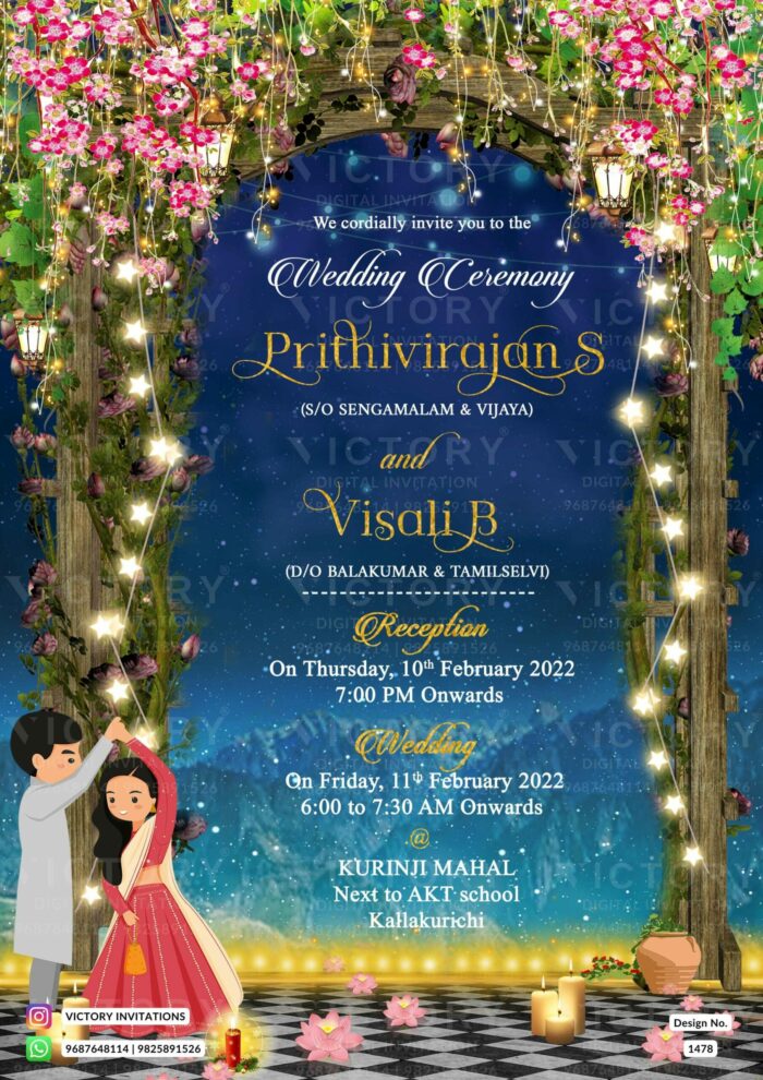 Wedding ceremony invitation card of hindu south indian tamil family in english language with mountain shining theme design 1478