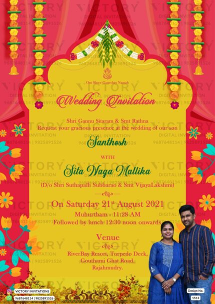 Deep-Colored Vibrant Traditional Indian Wedding Invitation with Real Image Portrait and Marigold Toran