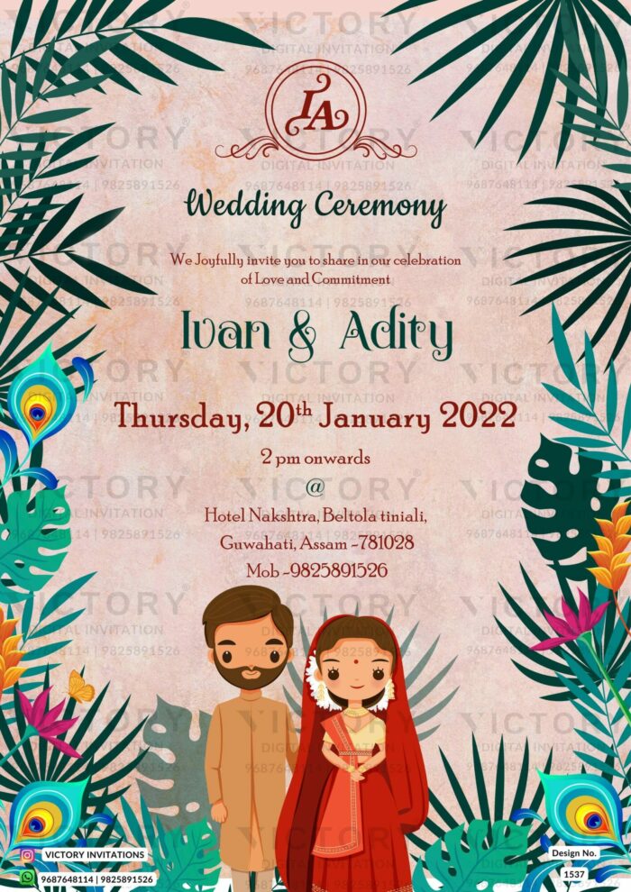 Wedding ceremony invitation card of hindu Assamese family in english language with artistic leaves theme design 1537