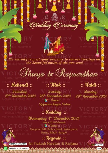Magical Hindu Wedding Invitation card with Exquisite Dancing Doodles, Temple Bells, and Marigold Flowers"