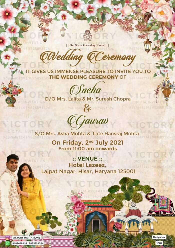 "Exquisite Royal Vintage Wedding Invitation with Cultural Flair and Couple Portrait for an Indian-Hindu Wedding Ceremony"