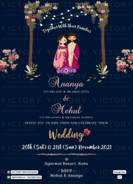 Wedding invitation card of hindu rajasthani rajput family in english language with Floral theme design 17