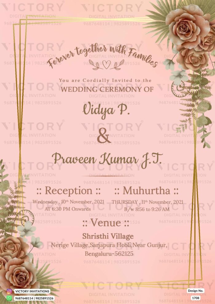 Wedding ceremony invitation card of hindu south indian kannada family in english language with minimalistic theme design 1708