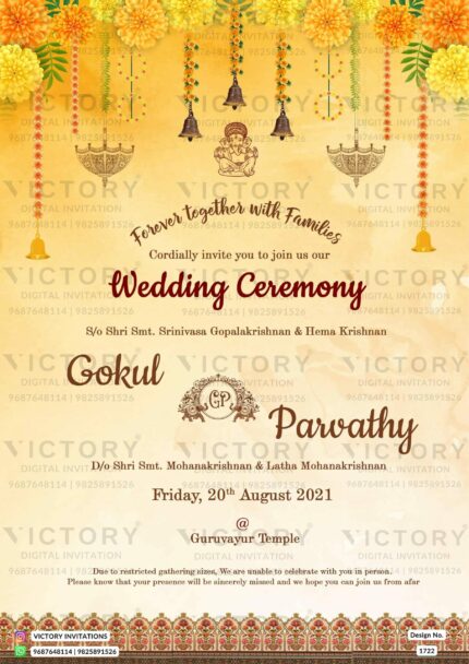 Wedding ceremony invitation card of hindu south indian malayali family in english language with traditional theme design 1722