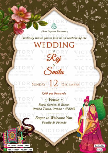 "Unveiling the Magnificence of a Bengali-Indian E-Wedding Card - Embellished with Majestic Elephants, Lush Botanicals, and Traditional Flair Theme Wedding Invitation card. design no. 1766