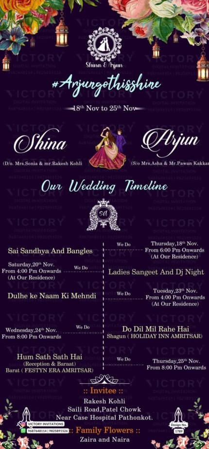 An Invitation with Lavender Romance colour and the elegant Doodle and design for Our Punjabi Wedding Timeline, design no. 1789