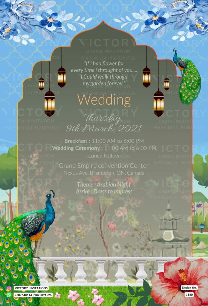 Magnificent Pastel Green and Blue Traditional Whimsical Theme Indian Electronic Wedding Invitations, Design no. 1180