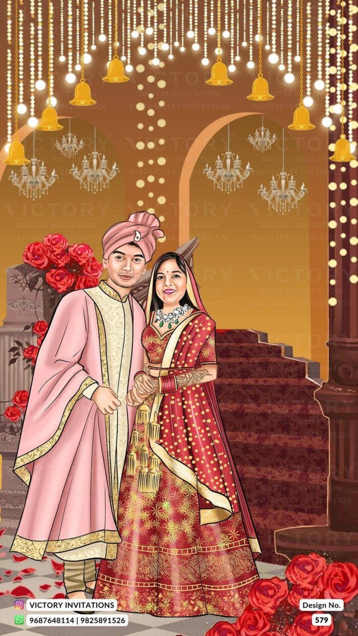 Majestic Vibrant Shaded Vintage Theme Indian Electronic Wedding Invitations with Couple Caricature Illustration