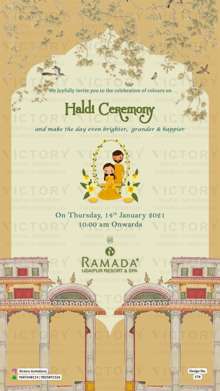 Floral Muted-Pastel Green and Brown Vintage Theme Digital Wedding Invites with Festive Indian Bride and Groom Doodle Illustrations