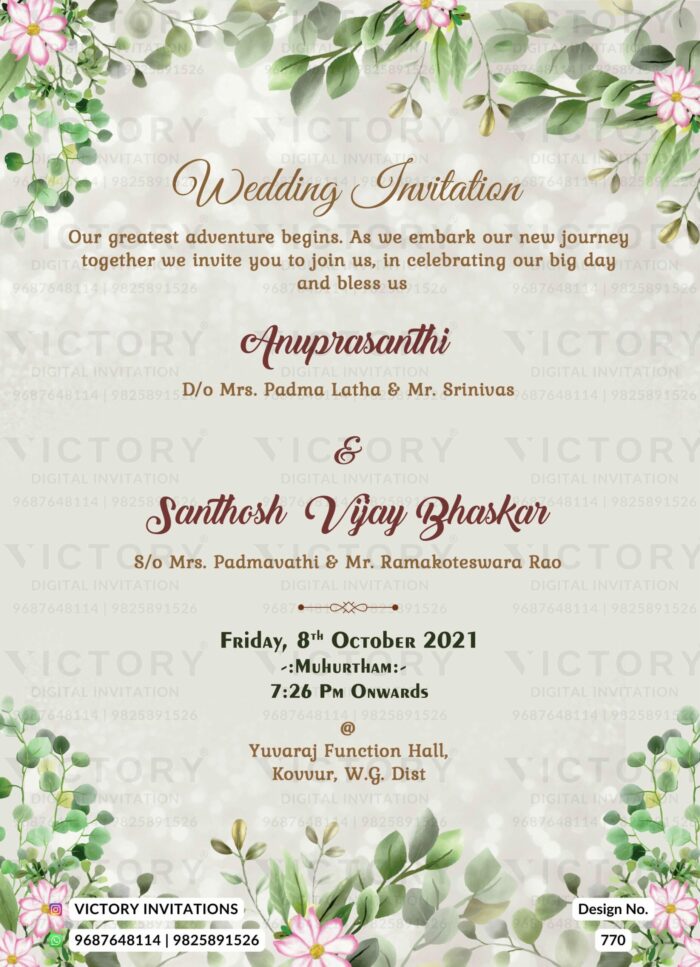 "Botanical Whimsy with Caricatures: An Intricate and Delightful Wedding Invitation Design for the Couple"