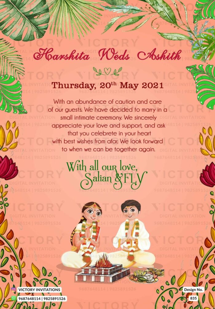Vibrant Green and Pink Traditional Tropical Theme Indian Digital Wedding Invitations with Traditional Indian Couple Doodle Illustrations