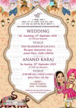 Rustic Beige and Plush Pink Vintage Theme Indian Sikh Wedding E-invites with Sikh Wedding Alter Illustration and Couple Caricature