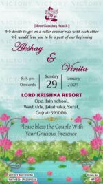 Vibrant Water-Colored Electric Blue and Gold Traditional Floral Theme Online Wedding Invitations with Lake Resort Original Portrait