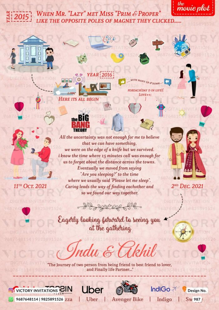 Navy Blue and Light Pink Whimsical Theme Indian Digital Wedding Invites with Captivating Love Story Timeline Couple Doodle Illustrations