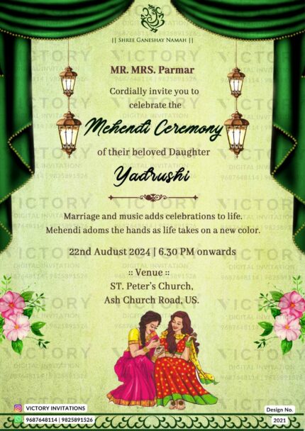 Traditional Green and Pink Mehendi Ceremony E-invite with Mehendi Bride Illustration, design no. 2021
