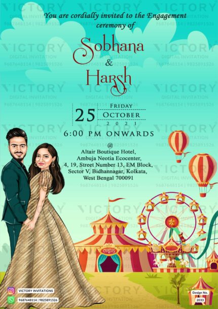 Vibrant Turquoise and Vermilion Carnival Theme Engagement Invitation with Couple Caricature, design no. 2033