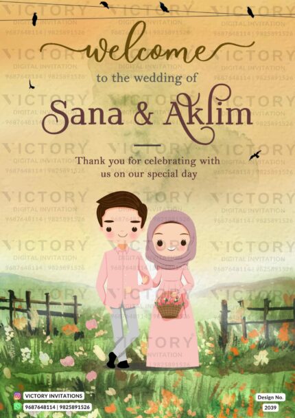 Apricot Orange Water-colored Countryside Theme Electronic Standee Card with Muslim Couple Doodle, design no. 2039