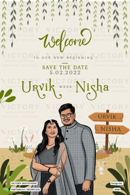 Ivory and Green Woodland Theme Save the Date with Couple Caricature, design no. 2048