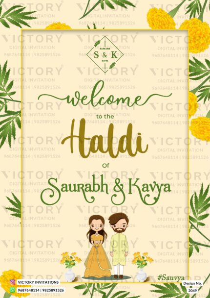 Pale Yellow and Green Marigold Theme Haldi Invitation with Indian Haldi Couple Doodle, design no. 2049