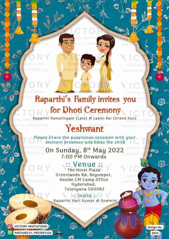 Vibrant Traditional Theme Dhoti Ceremony E-invite with Indian Family and Krishna Illustrations, design no. 2053