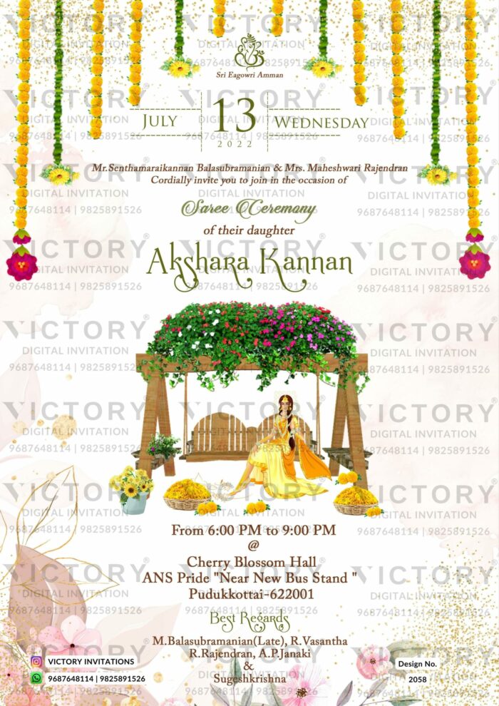 Half Saree ceremony invitation card in english language with floral theme design 2058