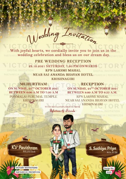 Traditional couple caricature invitation card for the wedding ceremony of Hindu south indian tamil family in english language with temple theme design 2125