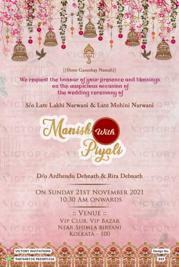 Wedding ceremony invitation card of hindu west bengal bengali family in english language with Traditional theme design 213