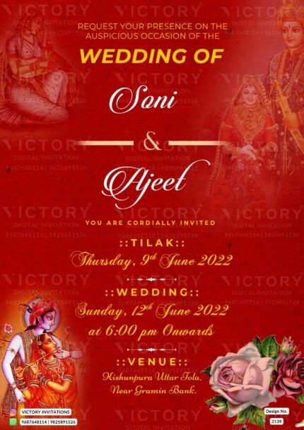 A Stunning Wedding Invitation that Perfectly Blends Classic and Contemporary Styles Rooted in Old Cultural Traditions, featuring a Vintage Rajasthani Wedding Portrait and a Passionate Milano Red Background with a Radhe Krishna Portrait Image, for an Esteemed Couple. Design no. 2139