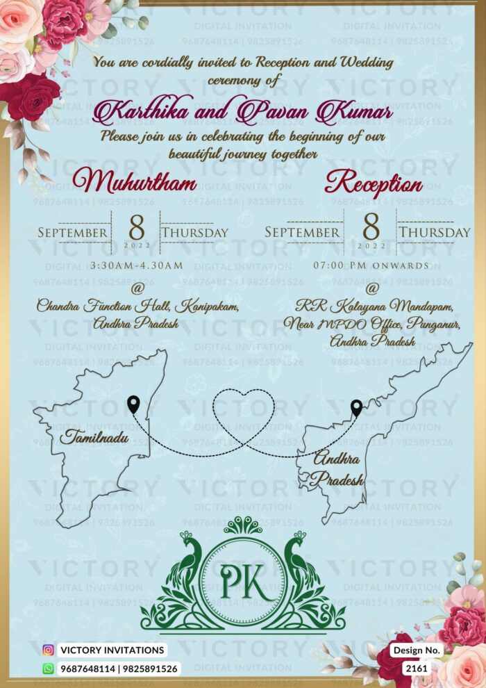 Wedding ceremony invitation card of hindu south indian telugu family in english language with two state theme design 2161