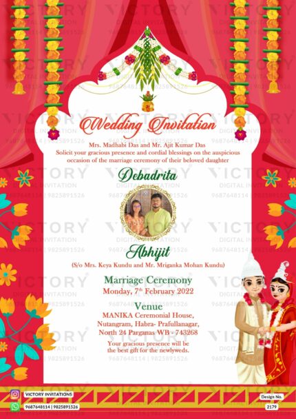 Vibrant and Festive Digital Invitation for a Bengali-Indian Wedding with Bengali Couple Illustration and Floral Elements on Rose Red Background. Design no. 2179